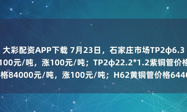 大彩配资APP下载 7月23日，石家庄市场TP2φ6.35*0.8紫铜管价格83100元/吨，涨100元/吨；TP2φ22.2*1.2紫铜管价格84000元/吨，涨100元/吨；H62黄铜管价格64400元/吨，涨100元/吨。